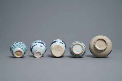Three Chinese blue and white vases, a brush washer and a stem cup, Ming and later