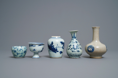 Three Chinese blue and white vases, a brush washer and a stem cup, Ming and later