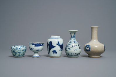 Three Chinese blue and white vases, a brush washer and a stem cup, Ming and later