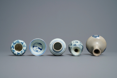 Three Chinese blue and white vases, a brush washer and a stem cup, Ming and later