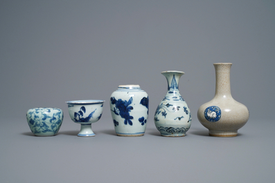Three Chinese blue and white vases, a brush washer and a stem cup, Ming and later