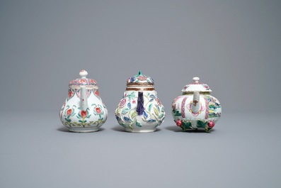 Three Chinese famille rose teapots and covers, Yongzheng