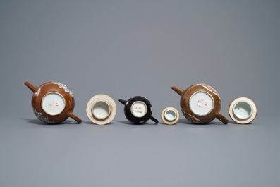 Three Chinese famille rose capucin- and black-ground teapots, Yongzheng/Qianlong