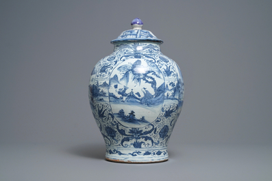 A Chinese blue and white vase and cover with figural design, Wanli
