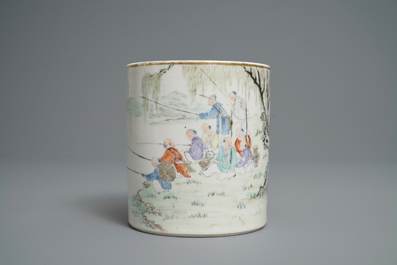A Chinese qianjiang cai brush pot with fishermen, signed Tan Yin Jie, dated 1875-1884