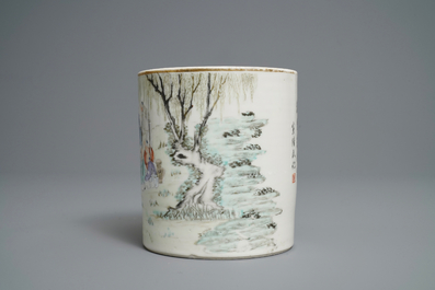 A Chinese qianjiang cai brush pot with fishermen, signed Tan Yin Jie, dated 1875-1884