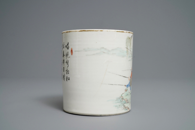 A Chinese qianjiang cai brush pot with fishermen, signed Tan Yin Jie, dated 1875-1884