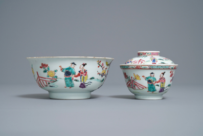 Deux bols et une assiette en porcelaine de Chine famille rose, marque et &eacute;poque de Yongzheng