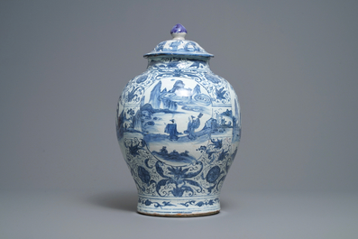 A Chinese blue and white vase and cover with figural design, Wanli