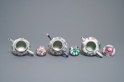 Three Chinese famille rose teapots and covers, Yongzheng