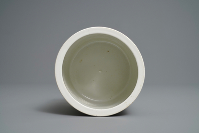A Chinese qianjiang cai brush pot with fishermen, signed Tan Yin Jie, dated 1875-1884