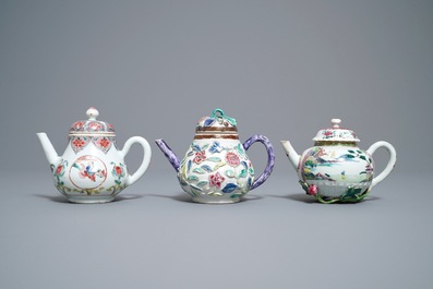 Three Chinese famille rose teapots and covers, Yongzheng
