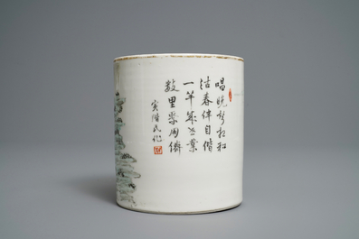 A Chinese qianjiang cai brush pot with fishermen, signed Tan Yin Jie, dated 1875-1884