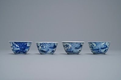 Zestien Chinese blauw-witte koppen en schotels, Kangxi