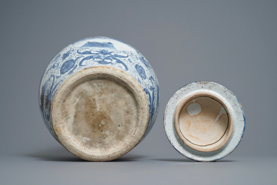 A Chinese blue and white vase and cover with figural design, Wanli