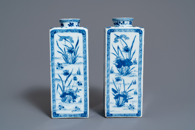 Een paar Chinese blauw-witte theebussen met floraal decor, Kangxi