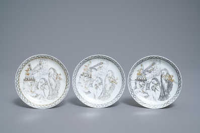 A Chinese grisaille 15-piece tea service with 'brothel' design, Yongzheng/Qianlong