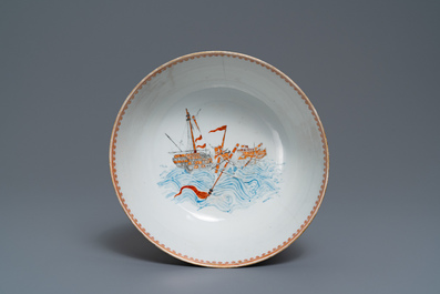 A rare Chinese verte-Imari bowl with a wrecked threemaster, Qianlong