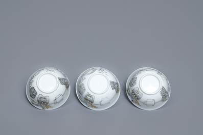 A Chinese grisaille 15-piece tea service with 'brothel' design, Yongzheng/Qianlong