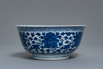 A Chinese blue and white 'peony scroll' bowl, Kangxi