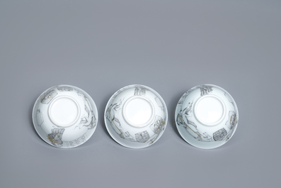 A Chinese grisaille 15-piece tea service with 'brothel' design, Yongzheng/Qianlong