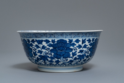 A Chinese blue and white 'peony scroll' bowl, Kangxi