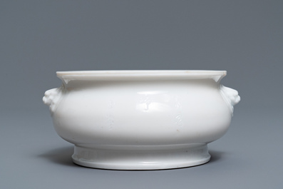 A Chinese blanc de Chine censer with inscription, Kangxi