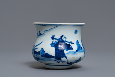 A Chinese blue and white censer with figures in a landscape, Kangxi
