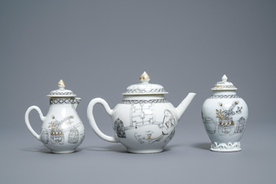 A Chinese grisaille 15-piece tea service with 'brothel' design, Yongzheng/Qianlong
