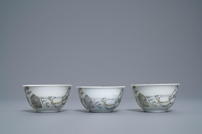 A Chinese grisaille 15-piece tea service with 'brothel' design, Yongzheng/Qianlong