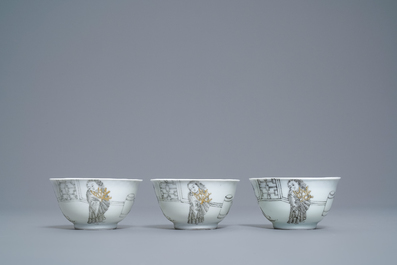A Chinese grisaille 15-piece tea service with 'brothel' design, Yongzheng/Qianlong