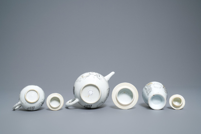 A Chinese grisaille 15-piece tea service with 'brothel' design, Yongzheng/Qianlong