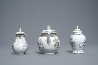 A Chinese grisaille 15-piece tea service with 'brothel' design, Yongzheng/Qianlong
