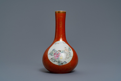 A Chinese famille rose coral-ground vase, Qianlong mark, 19/20th C.