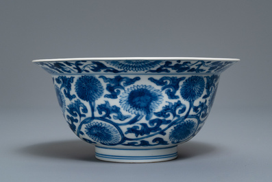 A Chinese blue and white bowl with floral scrolls, Kangxi