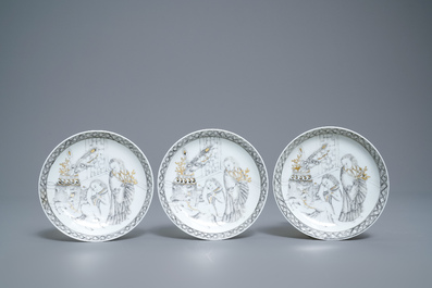 A Chinese grisaille 15-piece tea service with 'brothel' design, Yongzheng/Qianlong