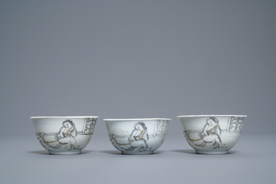 A Chinese grisaille 15-piece tea service with 'brothel' design, Yongzheng/Qianlong