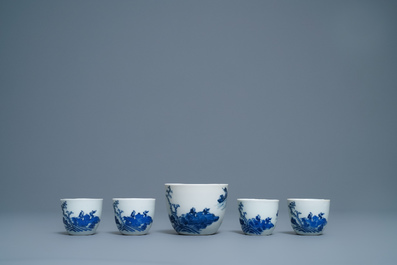 A Chinese 7-piece blue and white Vietnamese market 'Bleu de Hue' tea service, 19th C.