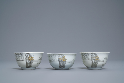 A Chinese grisaille 15-piece tea service with 'brothel' design, Yongzheng/Qianlong