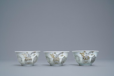 A Chinese grisaille 15-piece tea service with 'brothel' design, Yongzheng/Qianlong