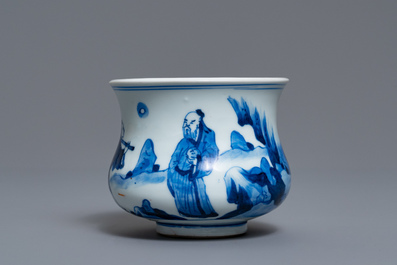 A Chinese blue and white censer with figures in a landscape, Kangxi