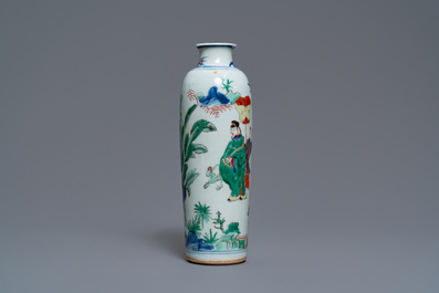 A Chinese wucai rouleau vase, Transitional period