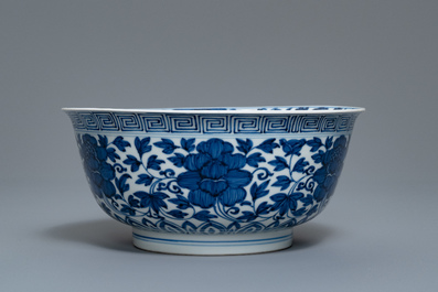 A Chinese blue and white 'peony scroll' bowl, Kangxi