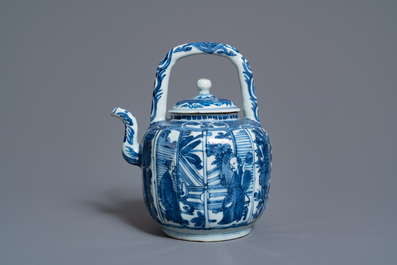 A Chinese blue and white wine ewer with figures, Wanli