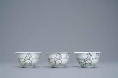 A Chinese grisaille 15-piece tea service with 'brothel' design, Yongzheng/Qianlong