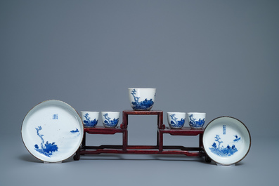 A Chinese 7-piece blue and white Vietnamese market 'Bleu de Hue' tea service, 19th C.