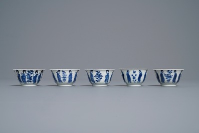 Ten Chinese blue and white 'Long Eliza' cups and saucers, Kangxi