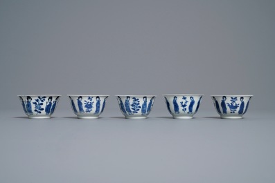 Ten Chinese blue and white 'Long Eliza' cups and saucers, Kangxi