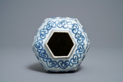 A Chinese hexagonal blue and white 'lotus scroll' vase, hare mark, Wanli