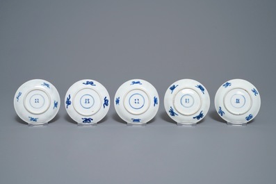 Ten Chinese blue and white 'Long Eliza' cups and saucers, Kangxi